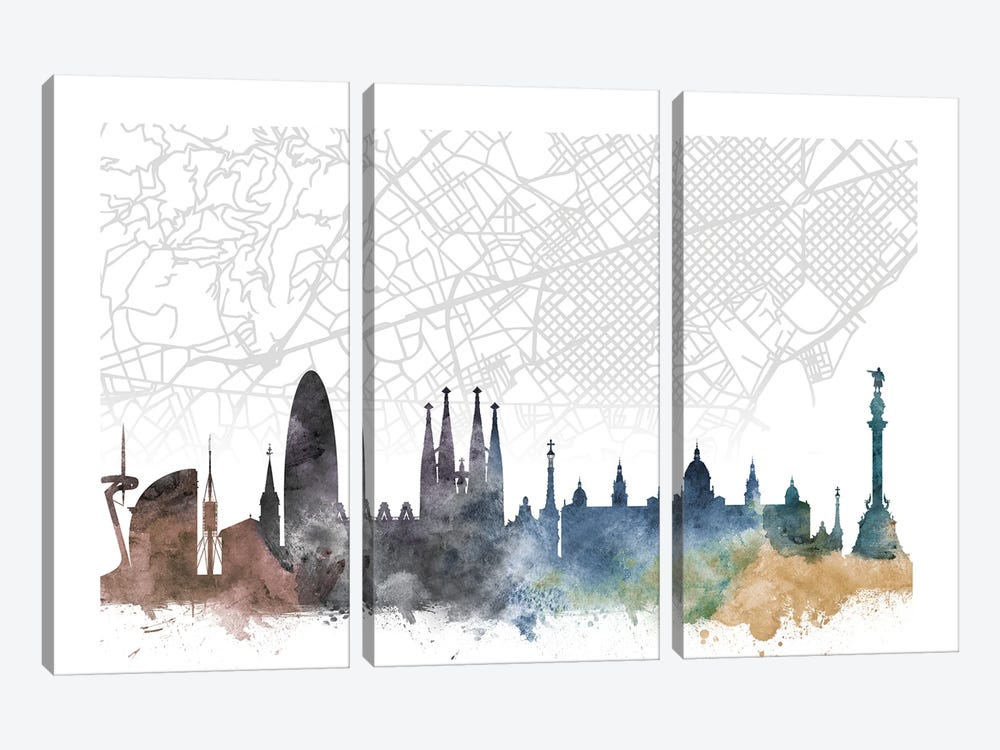 Barcelona Skyline City Map by WallDecorAddict 3-piece Art Print