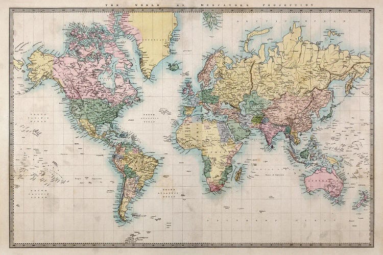 World Map, Detailed Map, Vintage Style by WallDecorAddict wall art