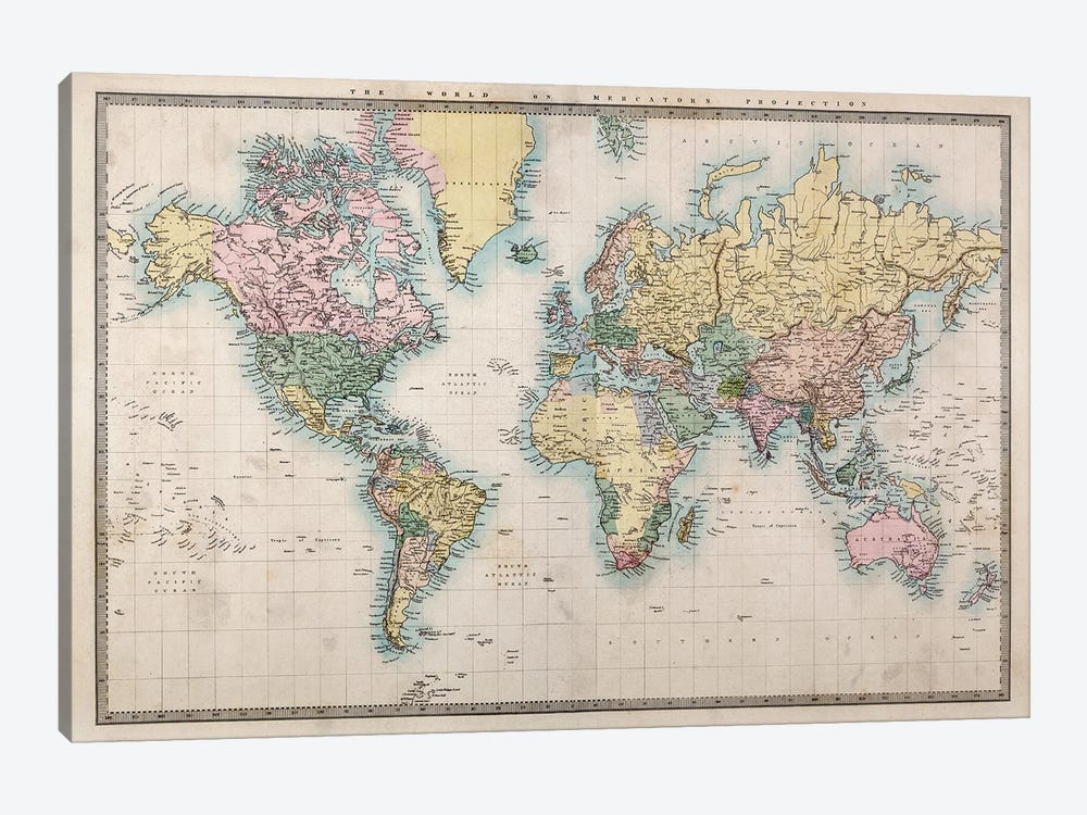 World Map, Detailed Map, Vintage Style by WallDecorAddict 1-piece Canvas Artwork