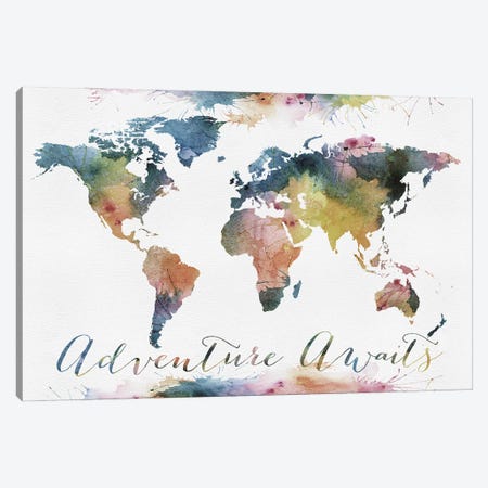 World Map Adventure Awaits Canvas Print #WDA2314} by WallDecorAddict Canvas Art Print