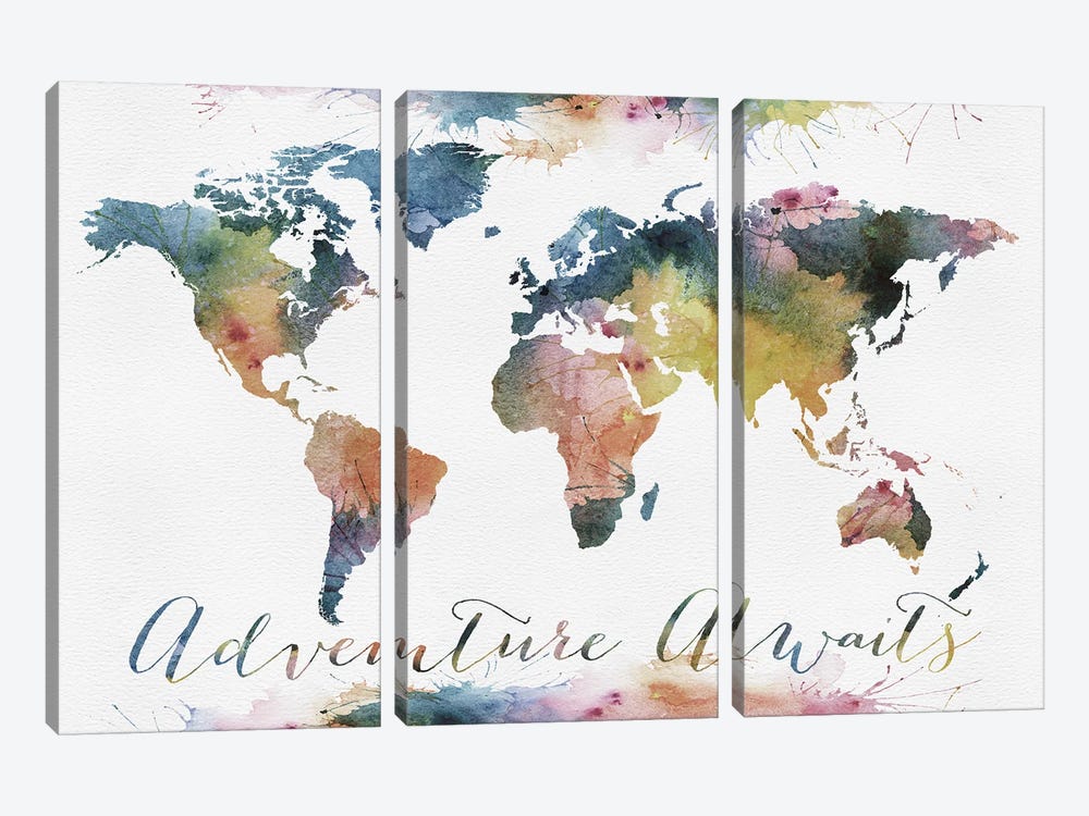 World Map Adventure Awaits by WallDecorAddict 3-piece Canvas Art Print