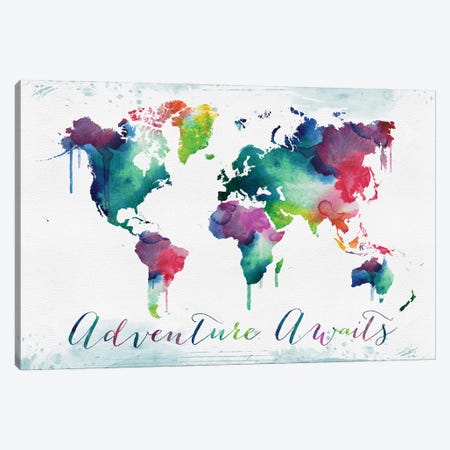 World Map Art Adventure Awaits Canvas Print #WDA2315} by WallDecorAddict Canvas Art Print