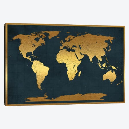 World Map Vintage Style Black Gold Canvas Print #WDA2329} by WallDecorAddict Art Print