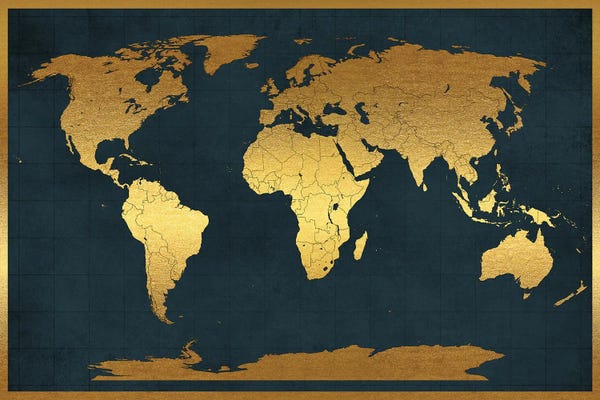 Industrial Office: World Map Vintage Style Black Gold by WallDecorAddict