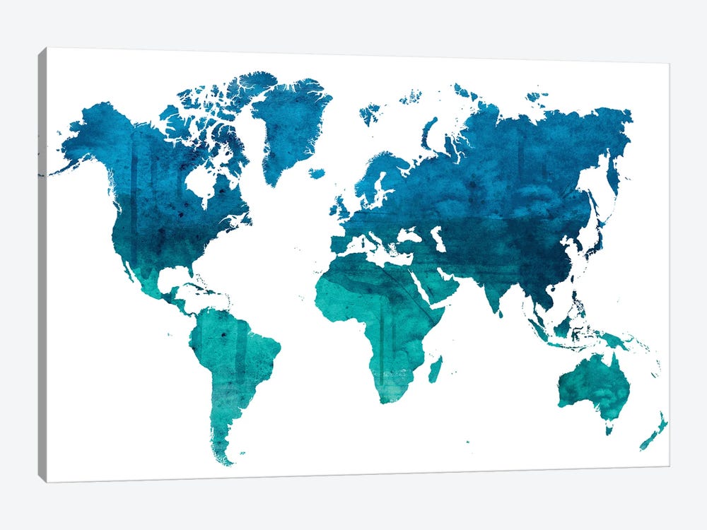 World Map Blue Green Watercolor by WallDecorAddict 1-piece Canvas Artwork