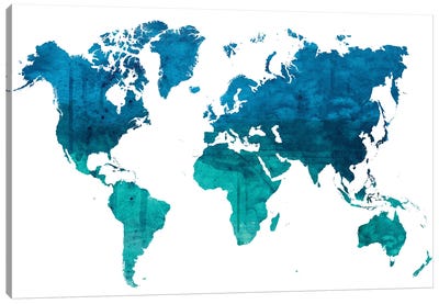 World Map Blue Green Watercolor Canvas Art Print - World Map Art