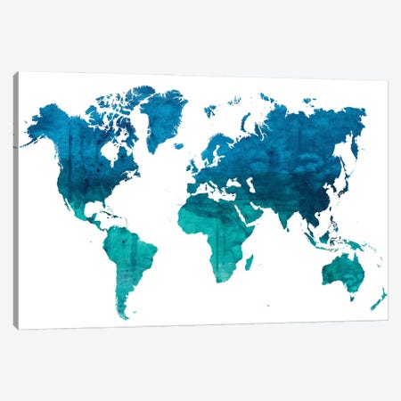 World Map Blue Green Watercolor Canvas Print #WDA2335} by WallDecorAddict Canvas Print