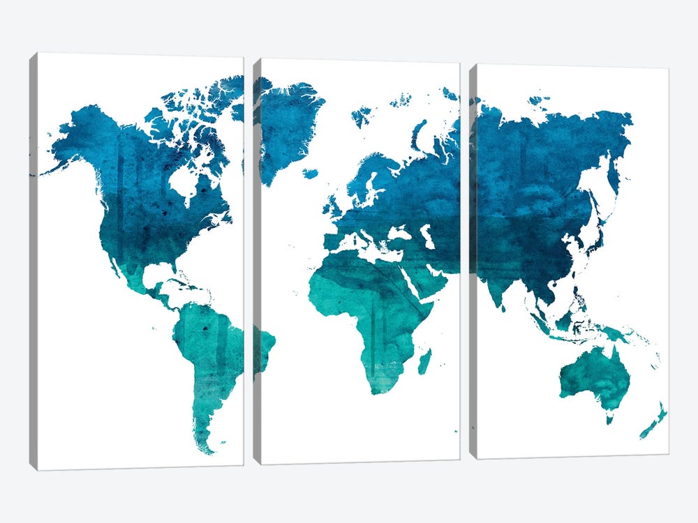 World Map Blue Green Watercolor by WallDecorAddict 3-piece Canvas Art