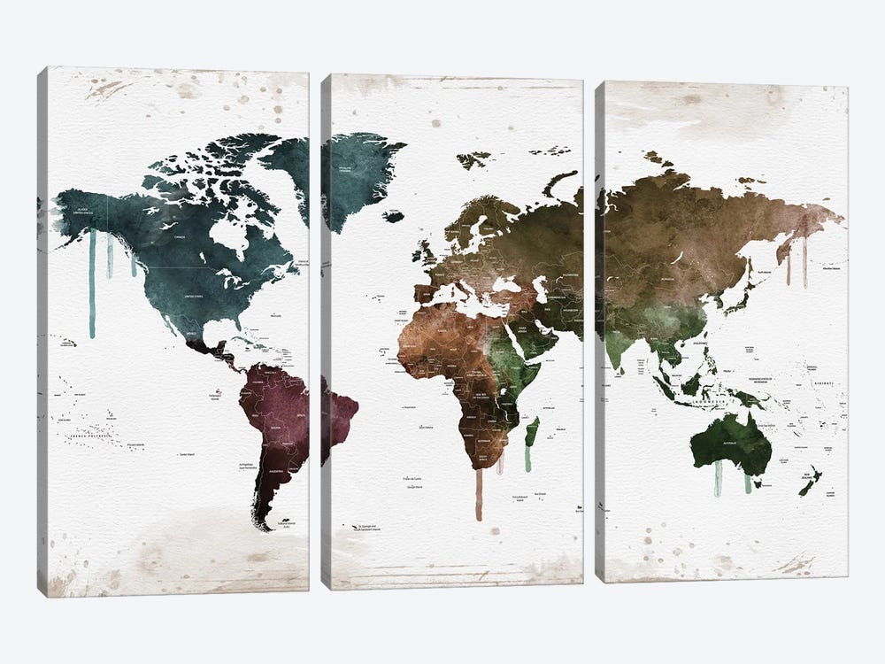 World Map Colorful Names Of Countries by WallDecorAddict 3-piece Canvas Artwork