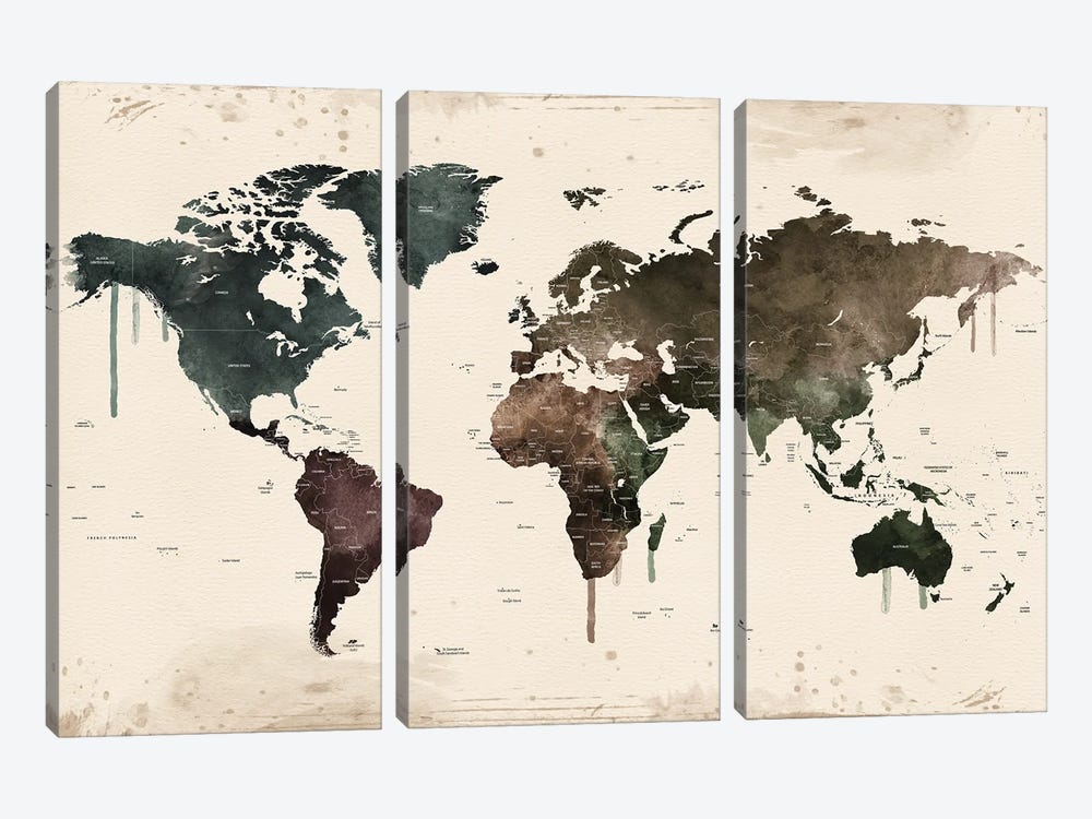 World Map With Names by WallDecorAddict 3-piece Canvas Print