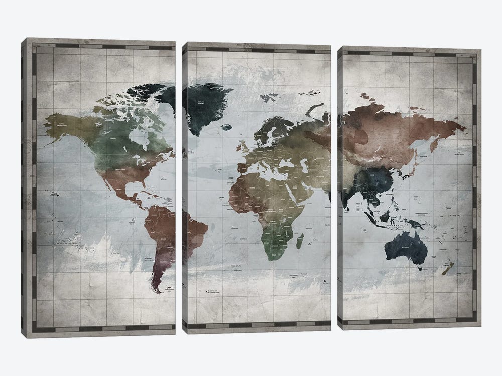 World Map With Country Names by WallDecorAddict 3-piece Canvas Artwork