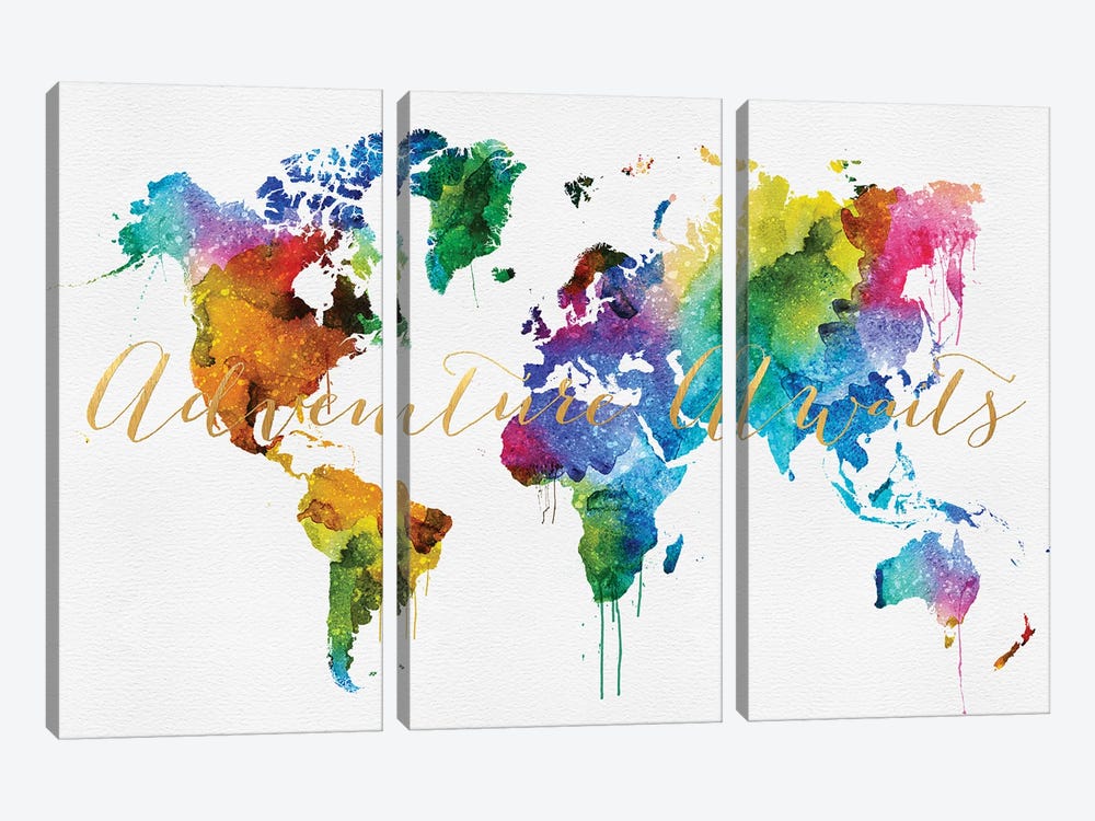 World Map Colorful Style Adventure Awaits by WallDecorAddict 3-piece Canvas Art Print