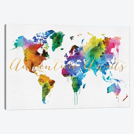 World Map Colorful Style Adventure Awaits Canvas Print #WDA2345} by WallDecorAddict Canvas Artwork