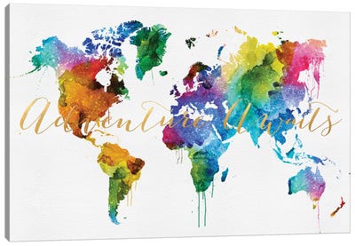 World Map Colorful Style Adventure Awaits Canvas Art Print - Adventure Art