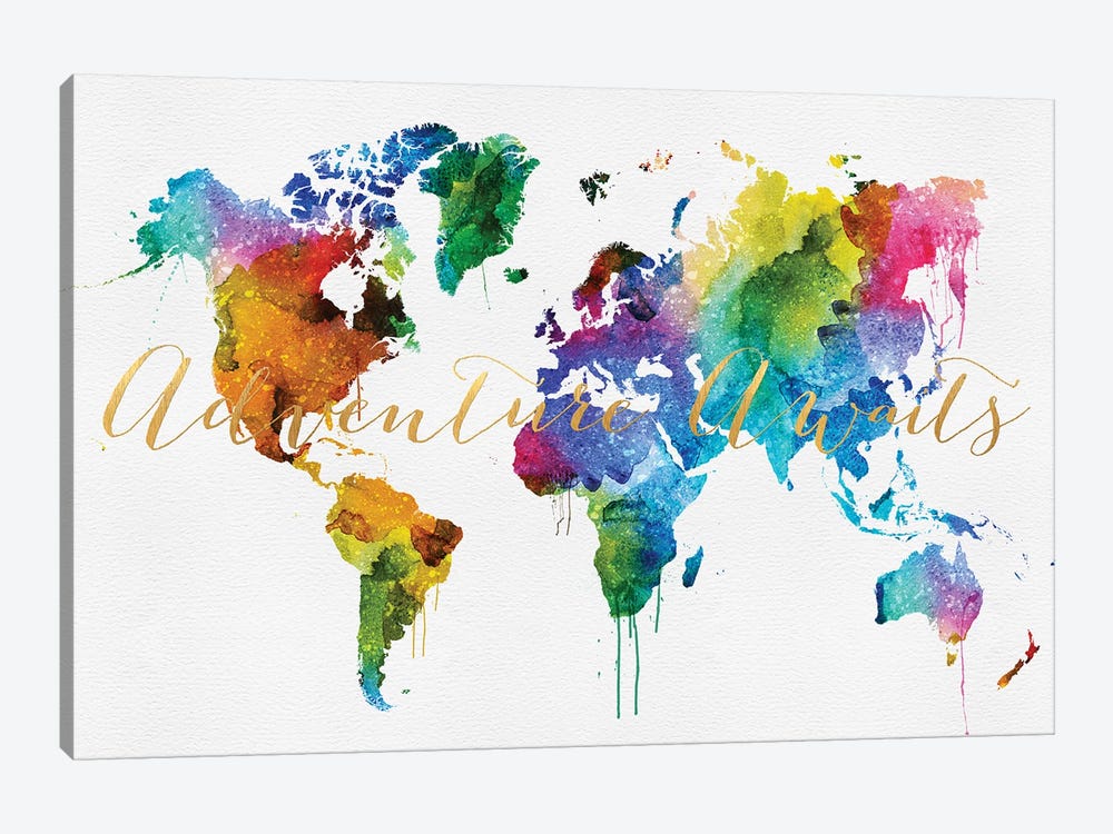 World Map Colorful Style Adventure Awaits by WallDecorAddict 1-piece Canvas Print