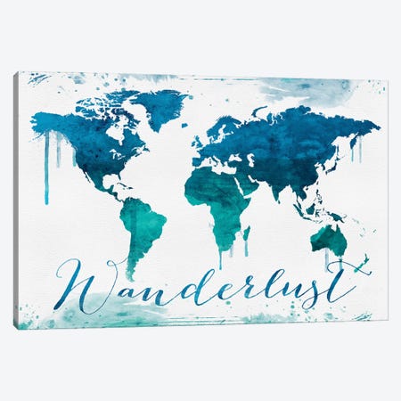 World Map Wanderlust Bluish Style Canvas Print #WDA2347} by WallDecorAddict Canvas Artwork