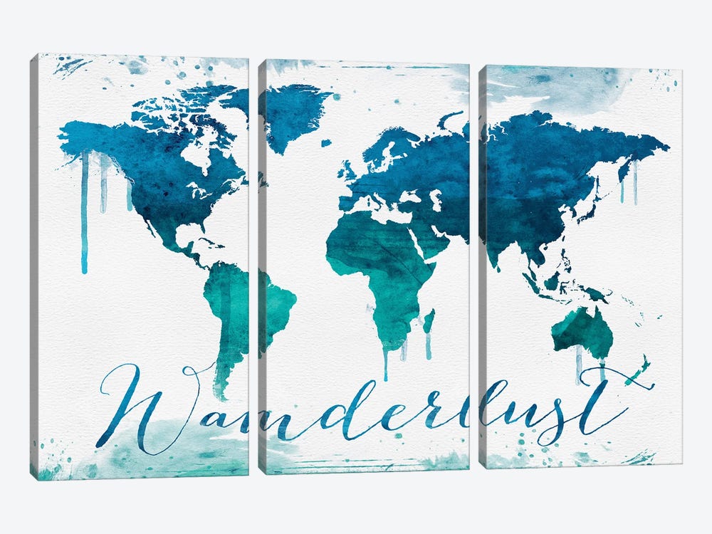 World Map Wanderlust Bluish Style by WallDecorAddict 3-piece Art Print