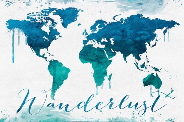 Inspirational Office: World Map Wanderlust Bluish Style by WallDecorAddict
