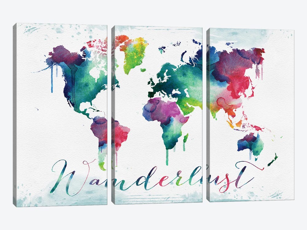 World Map Watercolor Wanderlust by WallDecorAddict 3-piece Canvas Wall Art