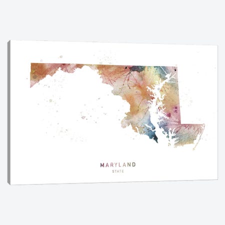 Maryland Watercolor State Map Canvas Print #WDA238} by WallDecorAddict Canvas Wall Art