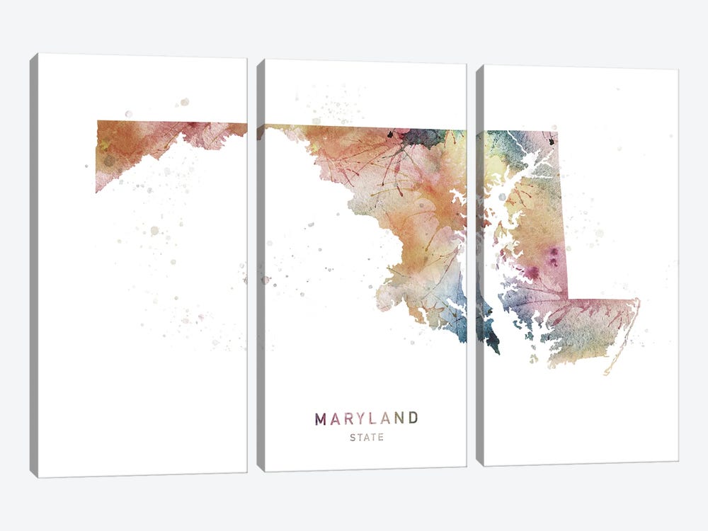 Maryland Watercolor State Map by WallDecorAddict 3-piece Canvas Print