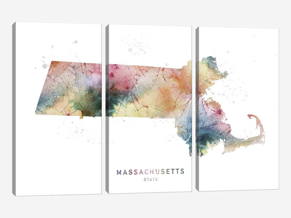 Massachusetts Watercolor State Map by WallDecorAddict 3-piece Canvas Print