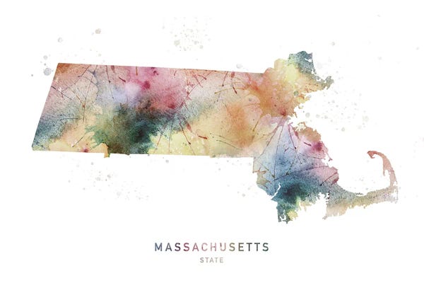 Large Map Art - Canvas Prints: Massachusetts Watercolor State Map by WallDecorAddict