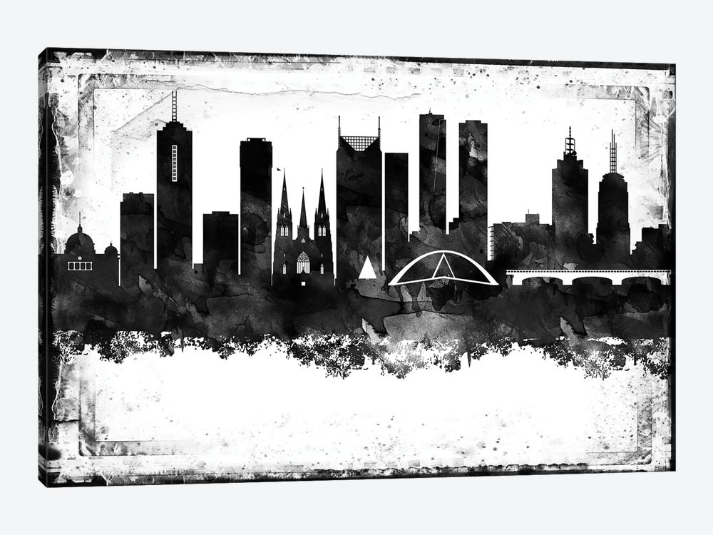 Melbourne Black And White Framed Skylines by WallDecorAddict 1-piece Canvas Print