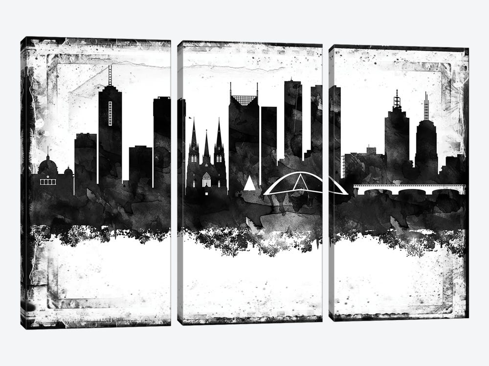 Melbourne Black And White Framed Skylines by WallDecorAddict 3-piece Canvas Print