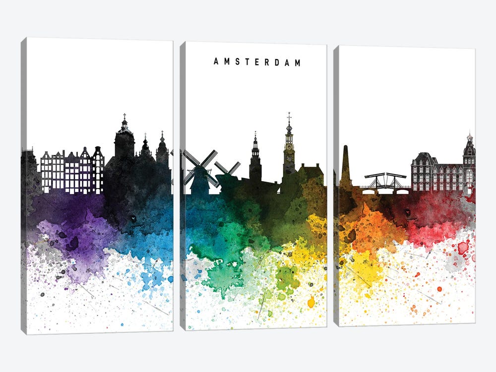 Amsterdam Rainbow Style Skyline by WallDecorAddict 3-piece Canvas Artwork