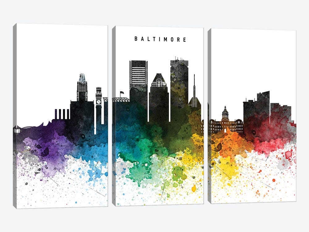 Baltimore Skyline Rainbow Style by WallDecorAddict 3-piece Canvas Art Print