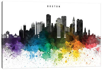 Boston Skyline Rainbow Style Canvas Art Print - Massachusetts Art