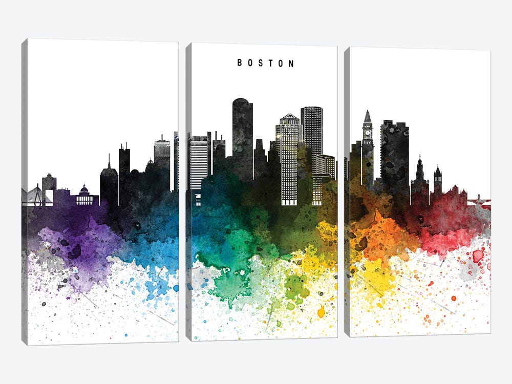 Boston Skyline Rainbow Style by WallDecorAddict 3-piece Canvas Print