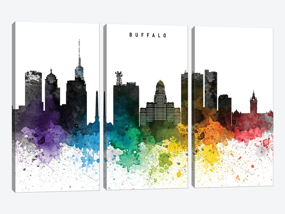 Buffalo Skyline Rainbow Style by WallDecorAddict 3-piece Canvas Print
