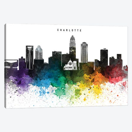 Charlotte Skyline Rainbow Style Canvas Print #WDA2482} by WallDecorAddict Canvas Wall Art