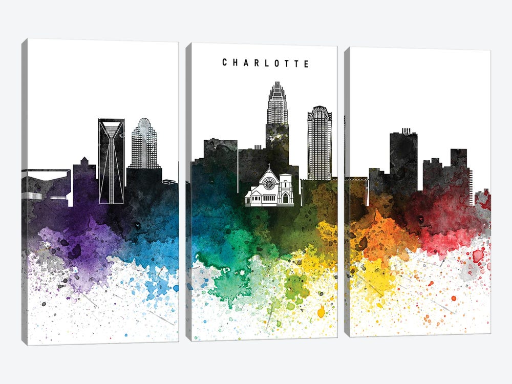Charlotte Skyline Rainbow Style by WallDecorAddict 3-piece Canvas Art Print
