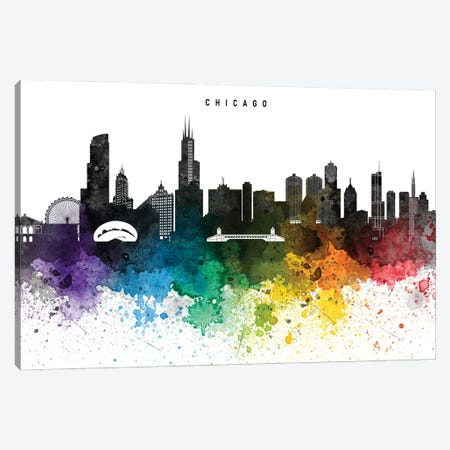 Chicago Skyline Rainbow Style Canvas Print #WDA2483} by WallDecorAddict Canvas Wall Art