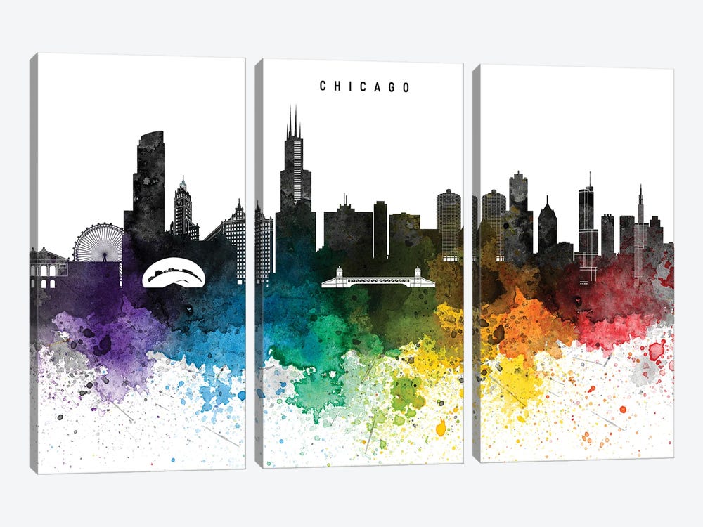 Chicago Skyline Rainbow Style by WallDecorAddict 3-piece Canvas Wall Art