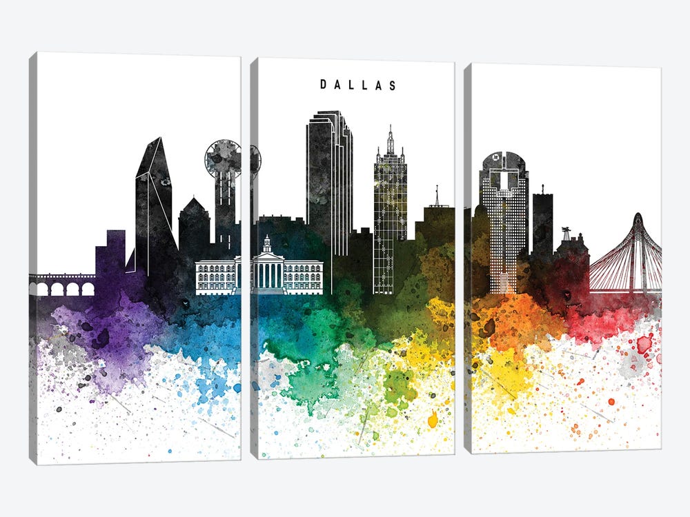 Dallas Skyline Rainbow Style by WallDecorAddict 3-piece Canvas Print