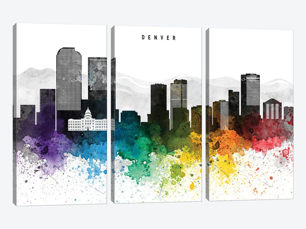 Denver Skyline Rainbow Style by WallDecorAddict 3-piece Canvas Wall Art