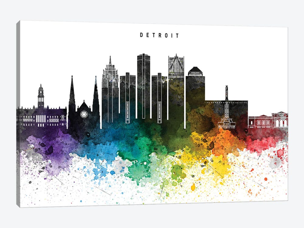 Detroit Skyline Rainbow Style by WallDecorAddict 1-piece Canvas Art
