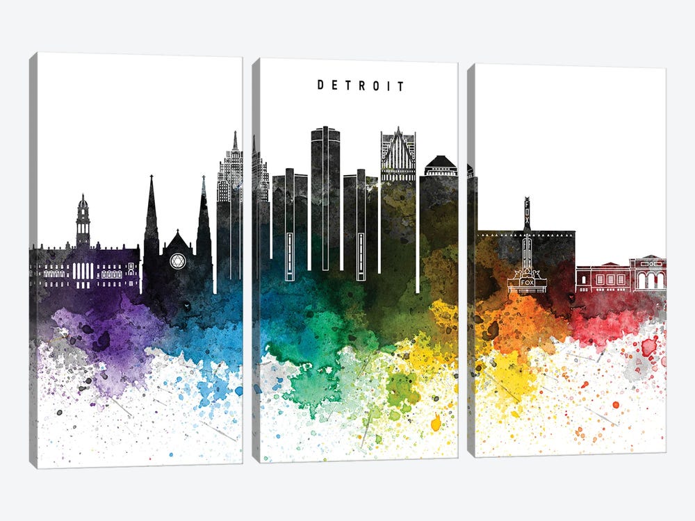 Detroit Skyline Rainbow Style by WallDecorAddict 3-piece Canvas Art
