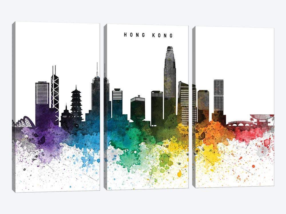 Hong Kong Skyline Rainbow Style by WallDecorAddict 3-piece Canvas Wall Art