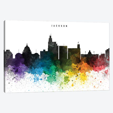 Jackson Mi Skyline Rainbow Style Canvas Print #WDA2505} by WallDecorAddict Canvas Art