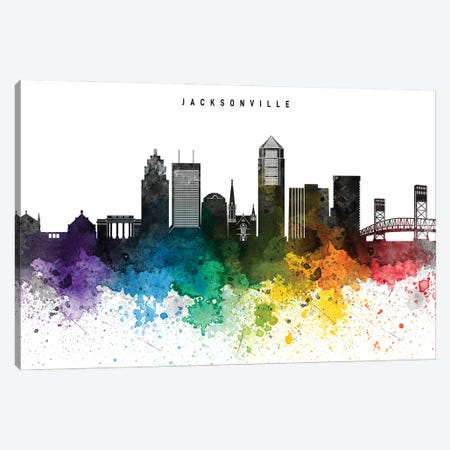 Jacksonville Skyline, Rainbow Style Canvas Print #WDA2506} by WallDecorAddict Canvas Wall Art