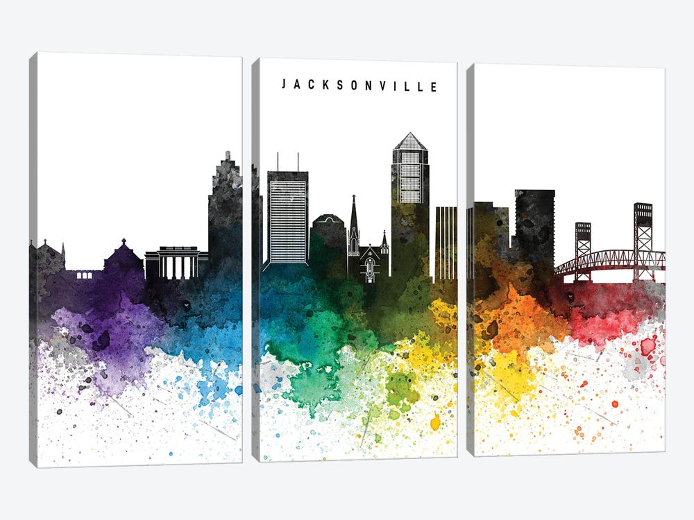 Jacksonville Skyline, Rainbow Style by WallDecorAddict 3-piece Canvas Artwork