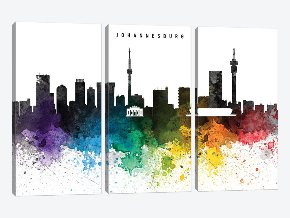 Johannesburg Skyline, Rainbow Style by WallDecorAddict 3-piece Canvas Art Print