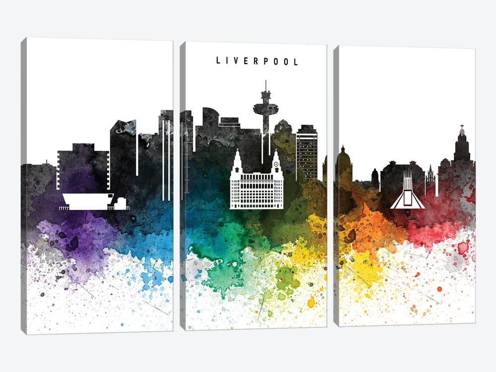 Liverpool Skyline, Rainbow Style by WallDecorAddict 3-piece Canvas Print