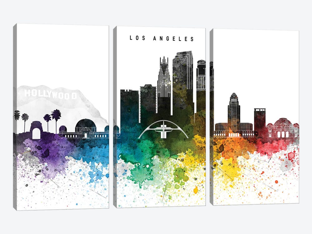 Los Angeles Skyline, Rainbow Style by WallDecorAddict 3-piece Canvas Art Print