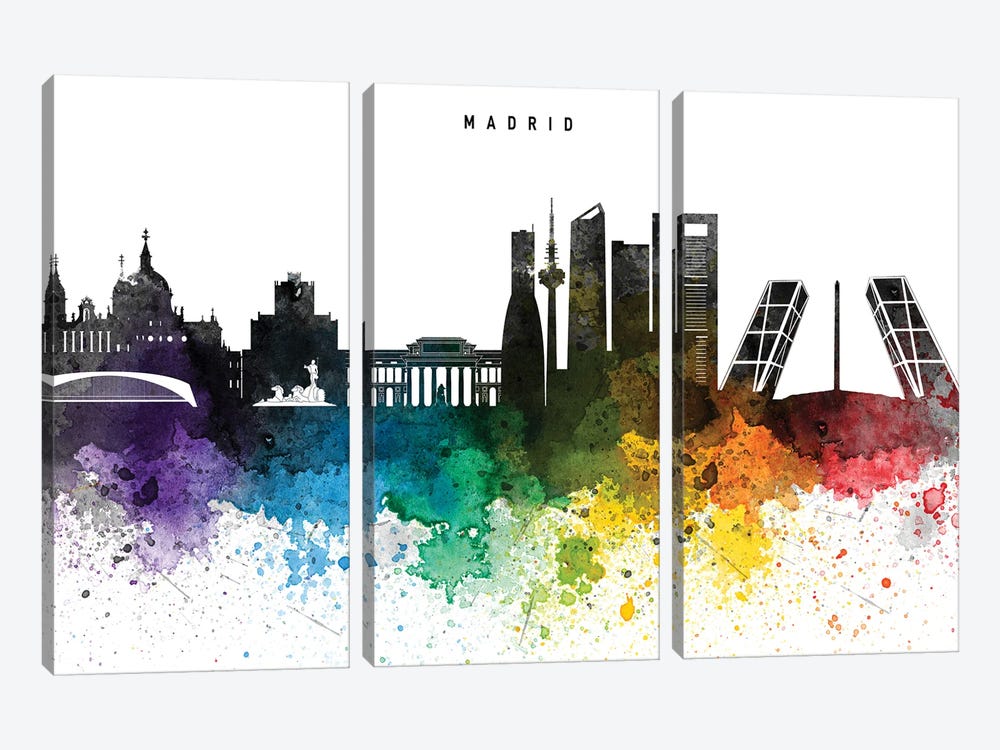Madrid Skyline, Rainbow Style by WallDecorAddict 3-piece Canvas Art Print